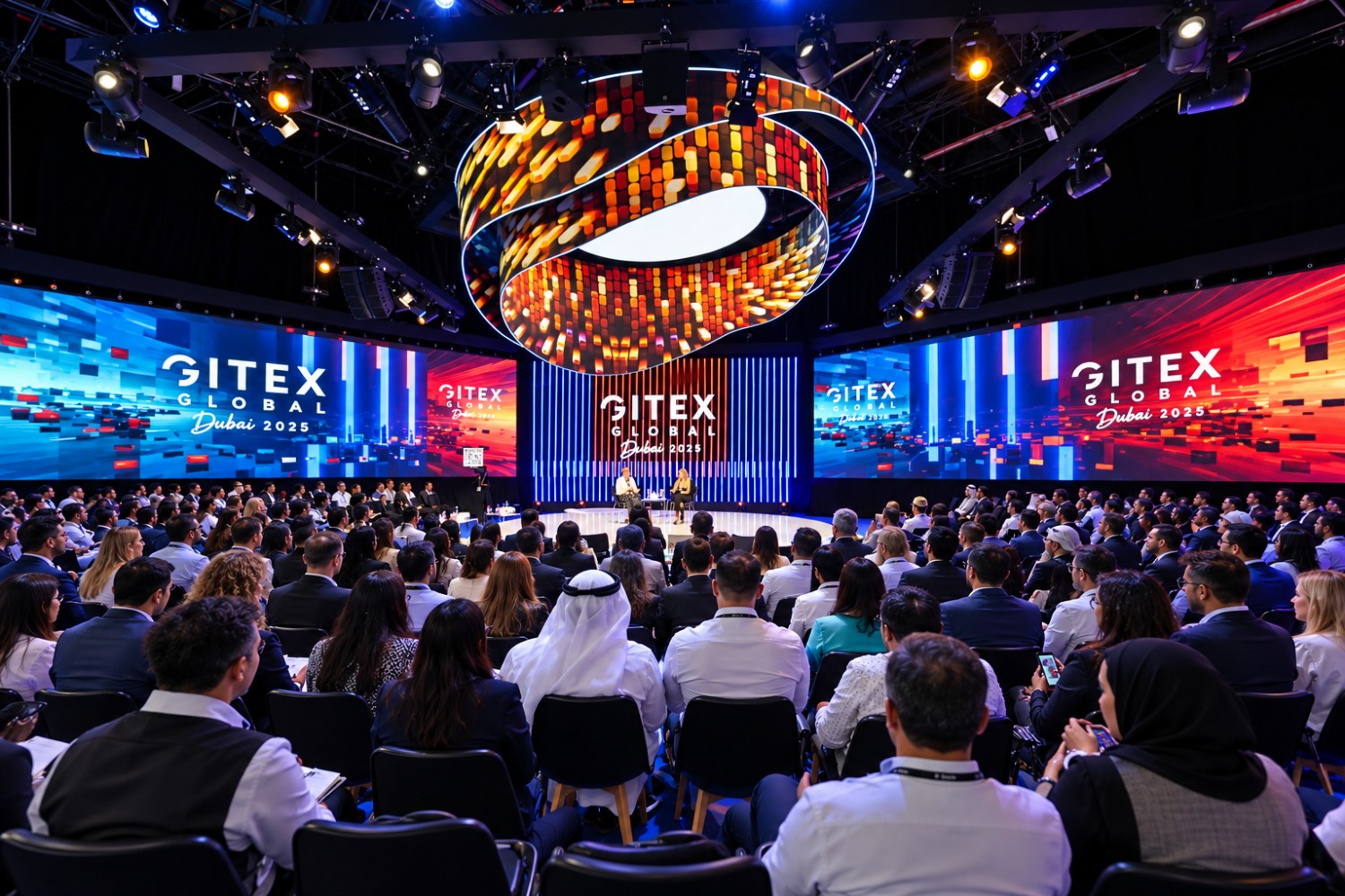 Speaker presenting on the Main Stage in front of a large global network display